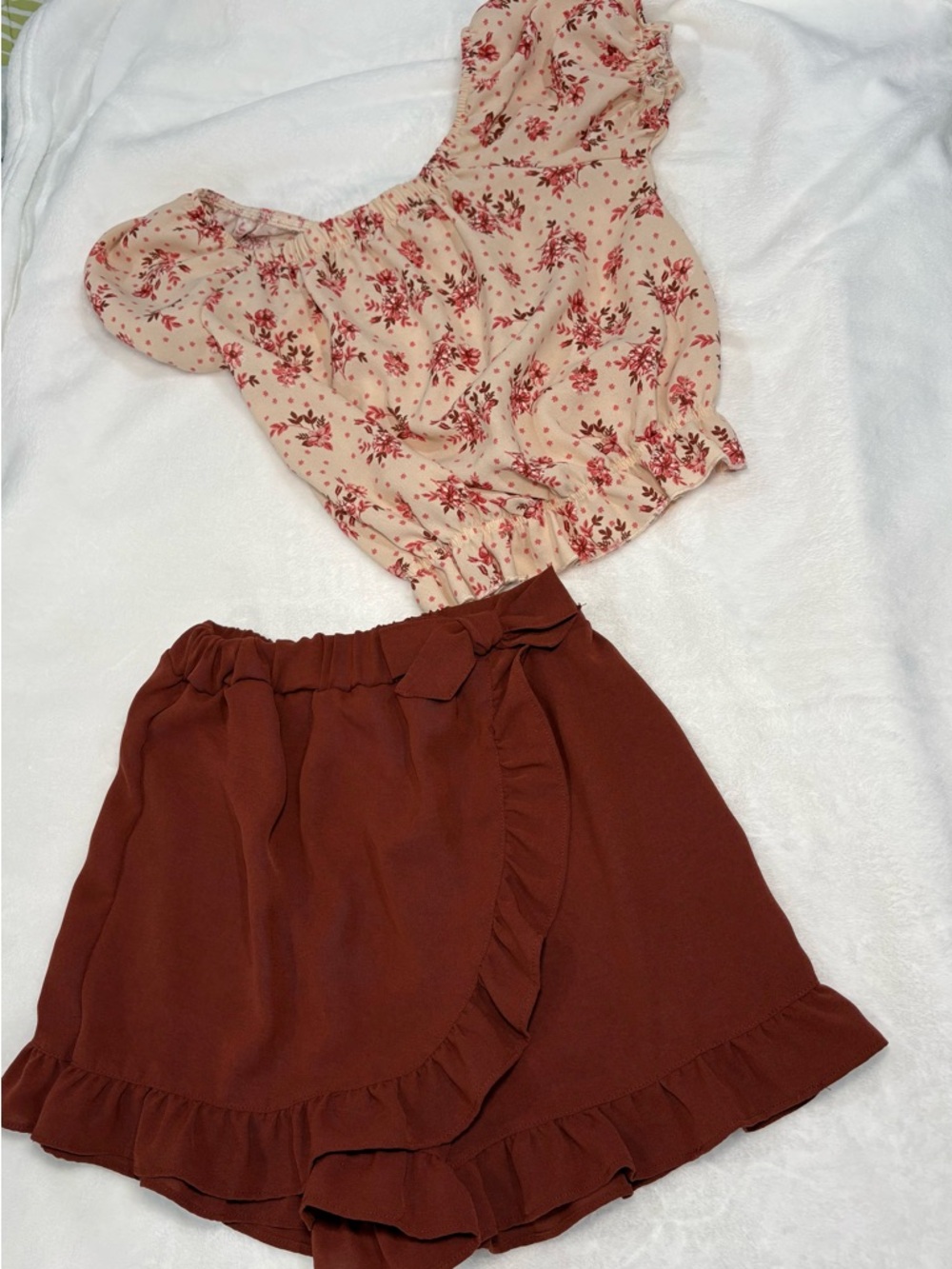 Floral Cream & Rust Girls' Matching Set - Top and Ruffle Skirt.